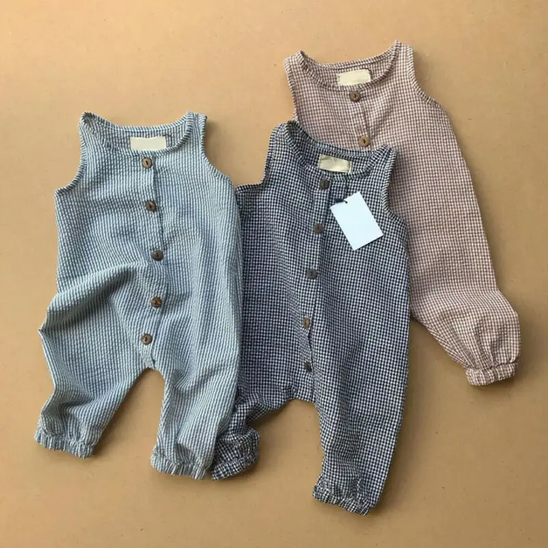 Emmababy 2020 Summer Clothing Newborn Infant Baby Boy Girl Cotton Romper Plaid Jumpsuit Clothes Outfits Sleeveless Sunsuit 0-18M
