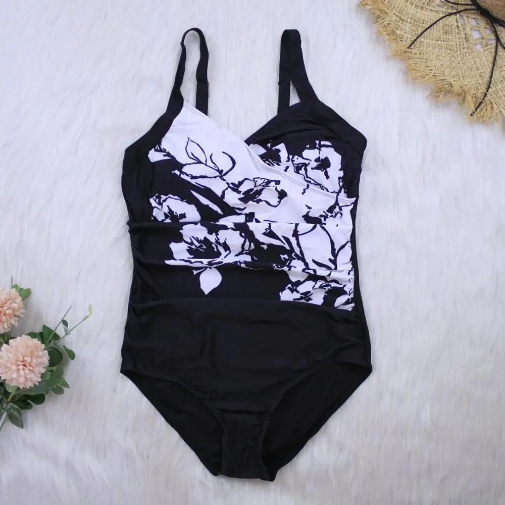 2020 Sexy Retro Black Print Push Up One Piece Swimwear Women Ruched Tummy Control Swimsuit Bathing Suit Plus Size Monokini S-5XL