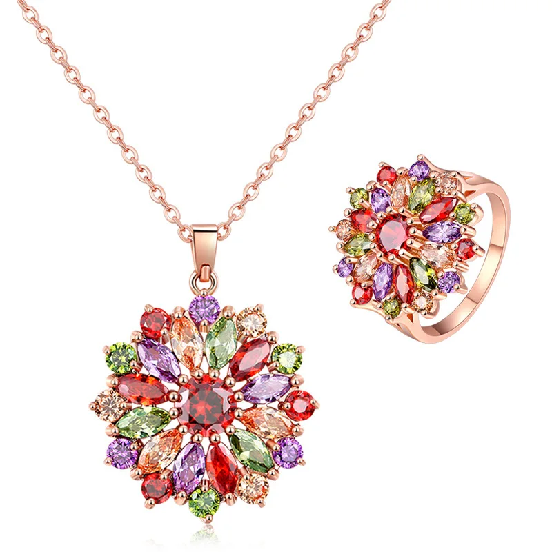 

Occident Fashion Colorful Crystal Zircon Necklace Ring Two-Piece Set-Style AliExpress Hot Selling Color Zircon Set