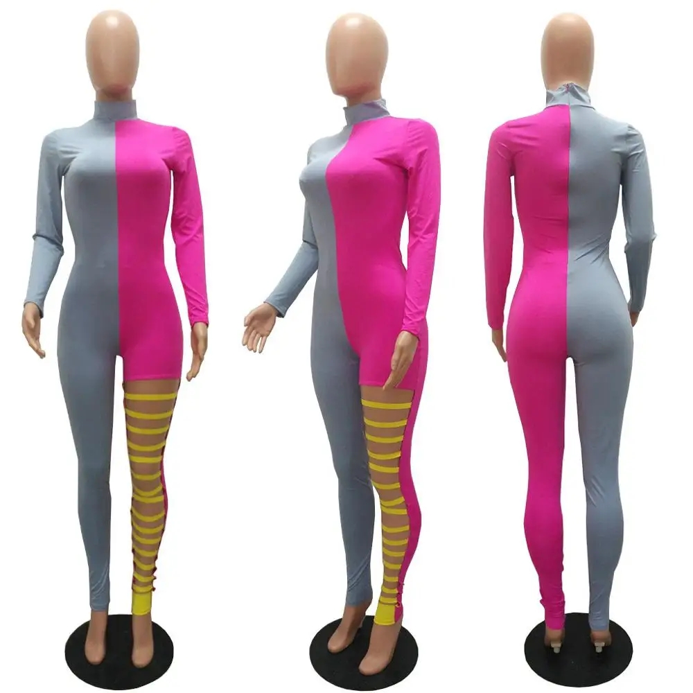 BKLD One Pieces Outfits Jumpsuit For Women 2023 Autumn New Fashion Color Block Hollow Out Long Sleeve O-Neck Patchwork Jumpsuits