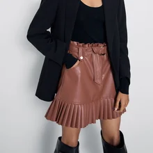 New fashion trend of autumn women's wear pleated imitation leather mini-step cake skirt