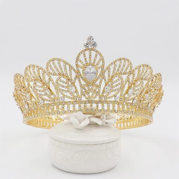 

Luxury Gold Clear Zircon Wedding Crown Round Bridal Crowns and Tiaras Bride Headpiece Queen Head Jewelry Pageant Hair Jewelry