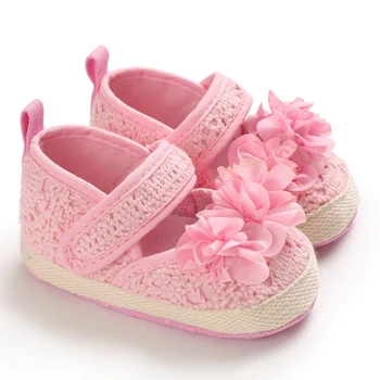 

Baby Girls First Walkers Pink White Flowers Lace Newborn Infant Princess Crib Shoes Soft Sole Prewalker
