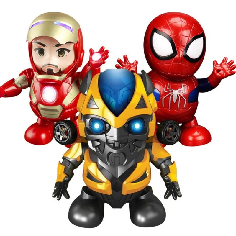 

New Dancing Hero Bum Iron Man Spider Man Robot With Music Flash Light Tony Stark Electric Action Figure Toy For Kids With Box