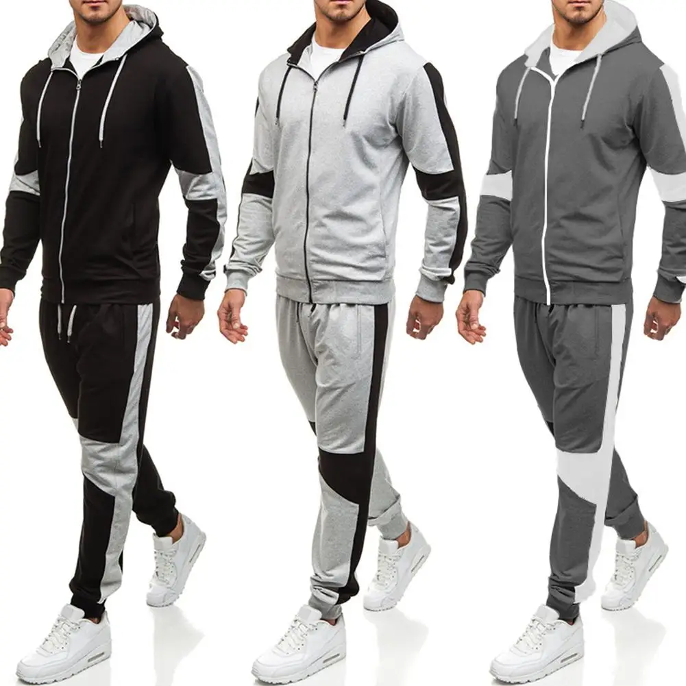 Autumn Men Tracksuit Sport Set Zipper Running Jacket Hoodies Long Sleeve Fitness Pants 2 Pieces Mens Sets Loose Black Gray Color | Мужская