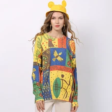 Lovely Cartoon Printed Sweater Women Casual Loose Knitted Pullovers Autumn Winter Ladies O Neck Bat Sleeve Jumpers Pull Femme