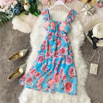 

Beach Style Print Vestidos Floral 2020 Bohemian High Waist Ruffles Sleeveless Women Dress A-line Dresses Sexy