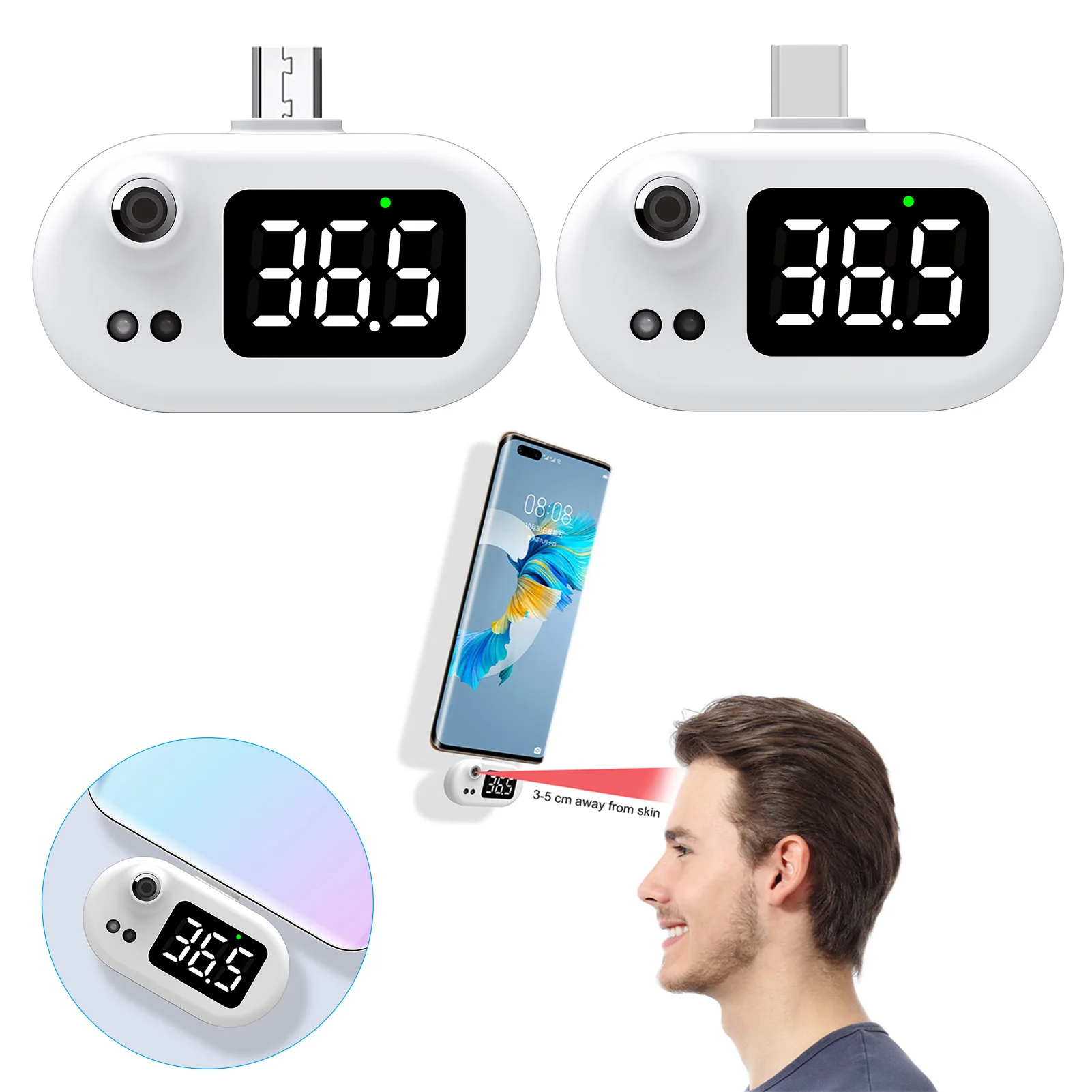 Termómetro inteligente USB para teléfono móvil, termómetro infrarrojo sin contacto, electrónico, pantalla LCD para IPhone/Android