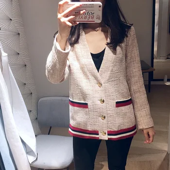 

Women Coat 2019 Spring and Summer Metal Buckle Pocket Colorblock Cardigan Short Coat