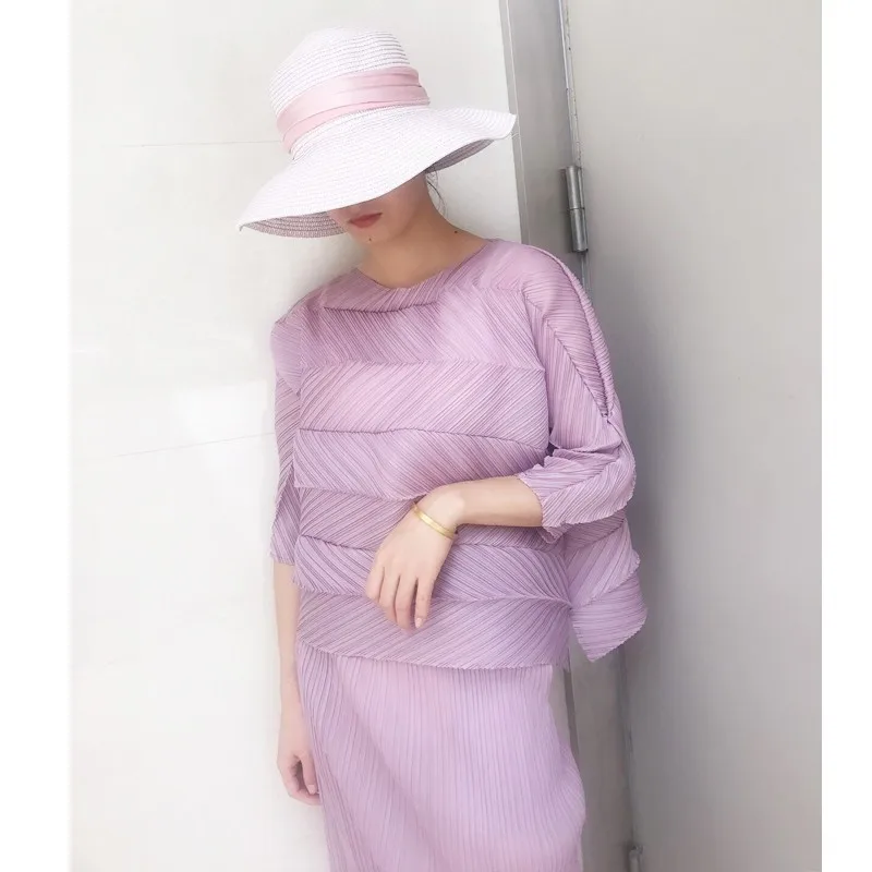 Miyake складки асимметричный дизайн сплошной цвет круглый вырез укороченный топ плиссированная футболка - Цвет: pink purple