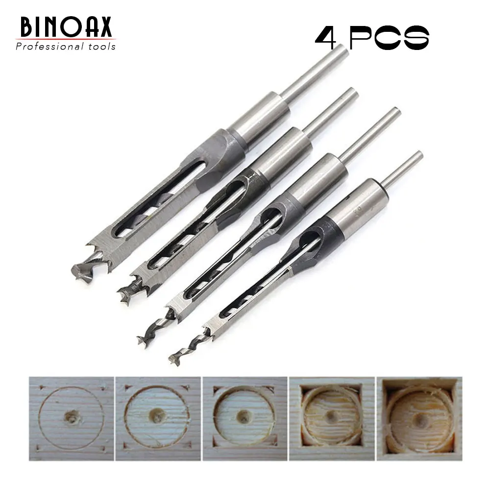 BINOAX 4PCS Square Hole Mortiser Drill Bit Woodworking Twist Drill Kits Mortising Hole Drills DIY Woodworking Tools
