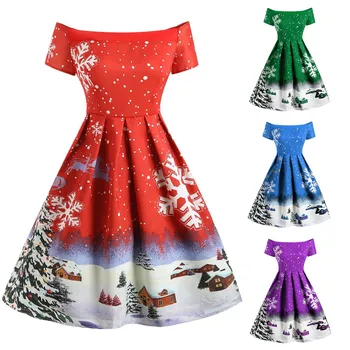 

New Christmas Dress Fashion Women Vintage Christmas Snowflake Print Off Shoulder A Line Swing Dress vestidos de fest#45