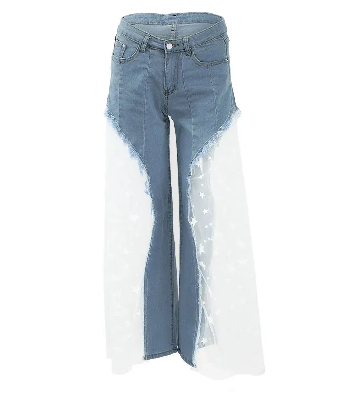 Сексуальные женские широкие штаны, прозрачные сетчатые джинсовые штаны с принтом звезды, повседневные свободные штаны с высокой талией, модные вечерние джинсы