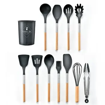 

11pcs Silicone Kitchen Utensils Set with Stainless Steel Wooden Handle Spatula
