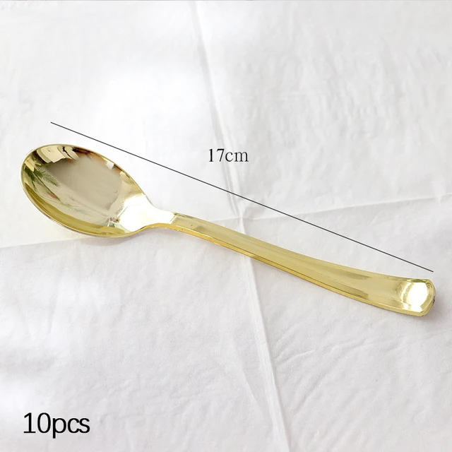 Golden disposable tableware set banquet table decoration paper cup dinner plate straw wedding birthday party supplies 10pcs Spoon