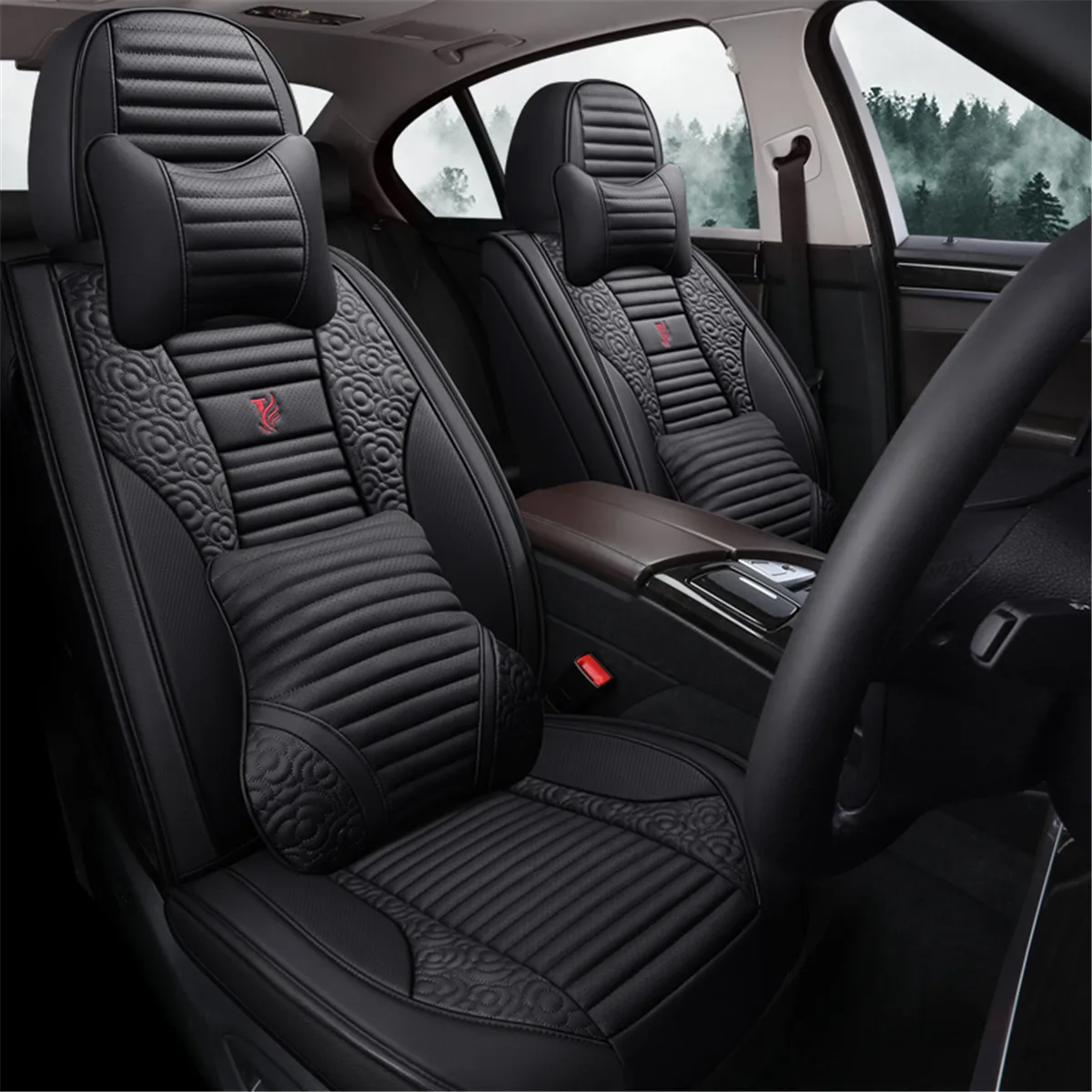 Luxury PU Leather Car Seat Cover Full Set with Headrests Pillows Steering Wheel Auto Protector Fit for 5-Seat | Автомобили и
