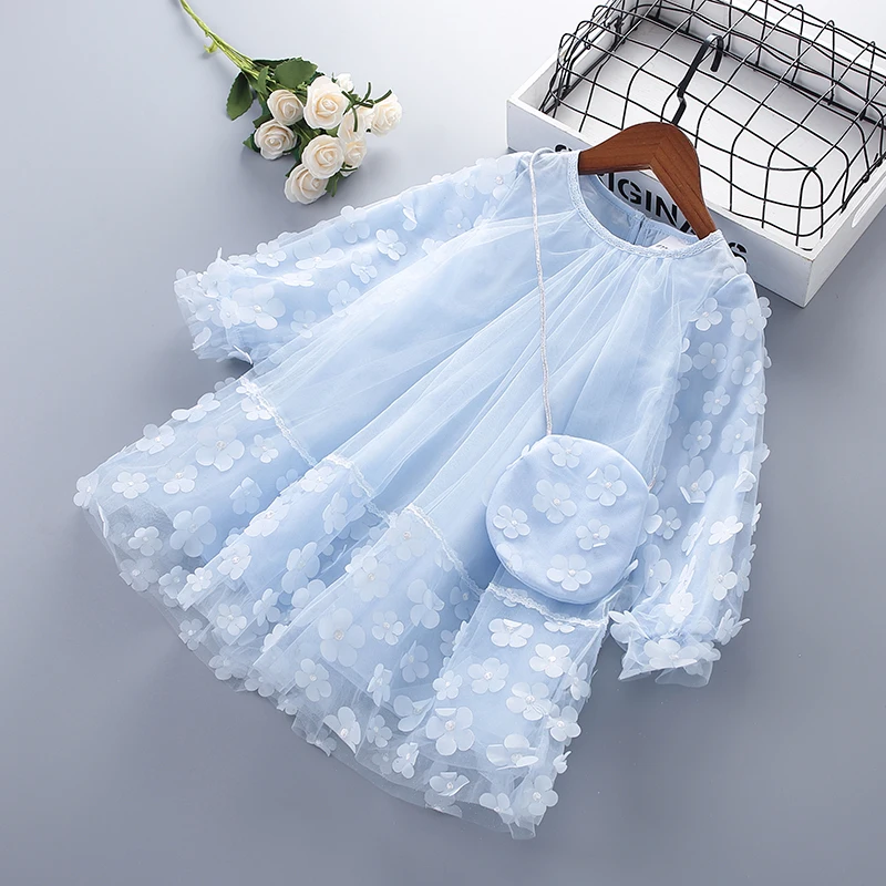 3-7 Years Spring Autumn Girl Chiffon Flower Ruched Dress With Bags New Princess Maxi Dress Kids Clothes
