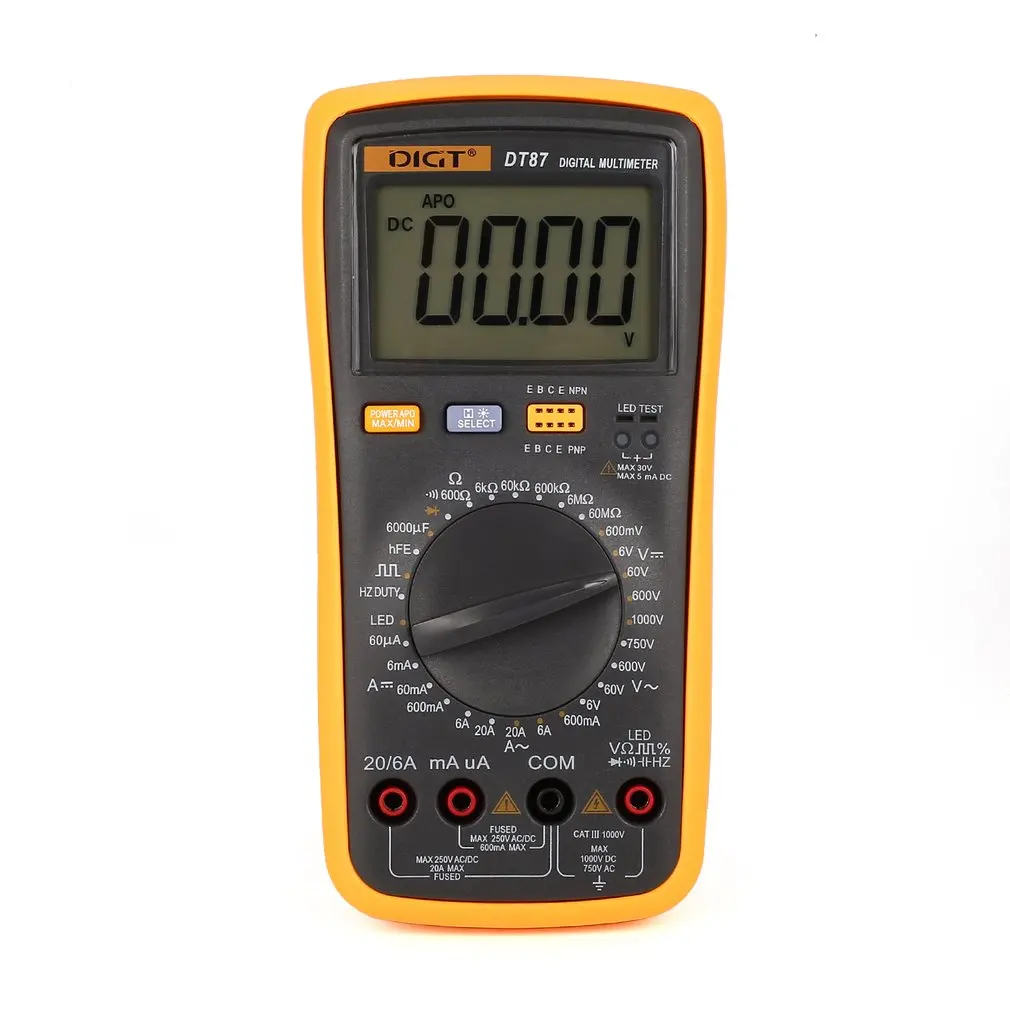 

Digital Multimeter DT87 Portable Digital Multimeter 6000 Counts AC/DC Volt Amp Ohm Capacitance Frequency Duty Cycle Diode hFE