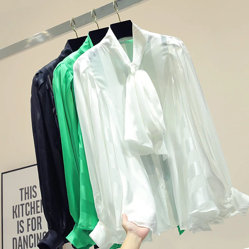 Осень, Blusas для женщин, корейский галстук-ап, однотонные рубашки для девочек, женская рубашка с рукавом-фонариком и воротником-бабочкой, блузка, женские топы