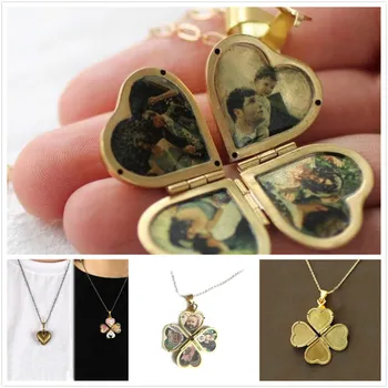 

Trendy Vintage Pure Copper Multilayer Heart Clover Photo Locket Folding Necklace Fashion Album Locket Pendant Accessories Gift
