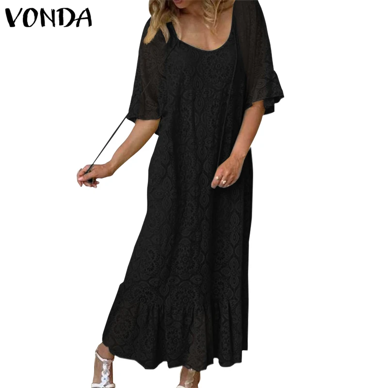 Black VONDA, женское платье, богемный стиль, сексуальный сарафан, рукав-бабочка, кисточка, макси платье,, женское летнее платье, праздничное, вечернее, Vestido S-5XL - Цвет: Black