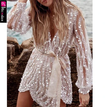 

Glitter Plunge Sequins Sheer Mesh Lantern Sleeve Dress Women Chic See Through Sleeve Sexy & Club Party Vestido