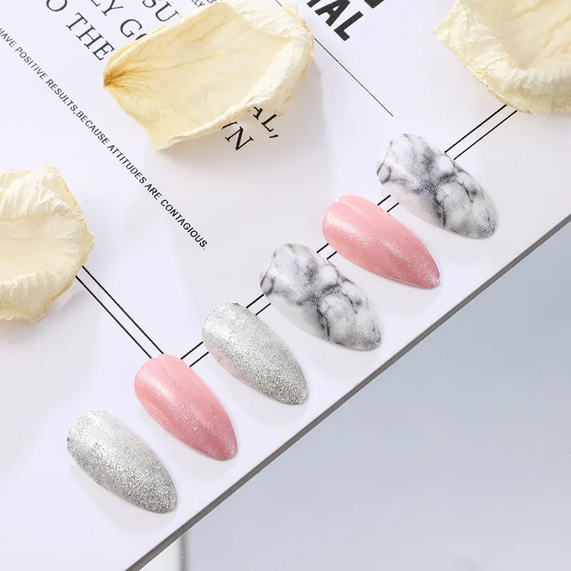 24PCS/box Loose Powder Jump Color Ballet Med-Length Fake Nails Gradient Aurora Marble Press on Full Cover Wearing Wearable Nails