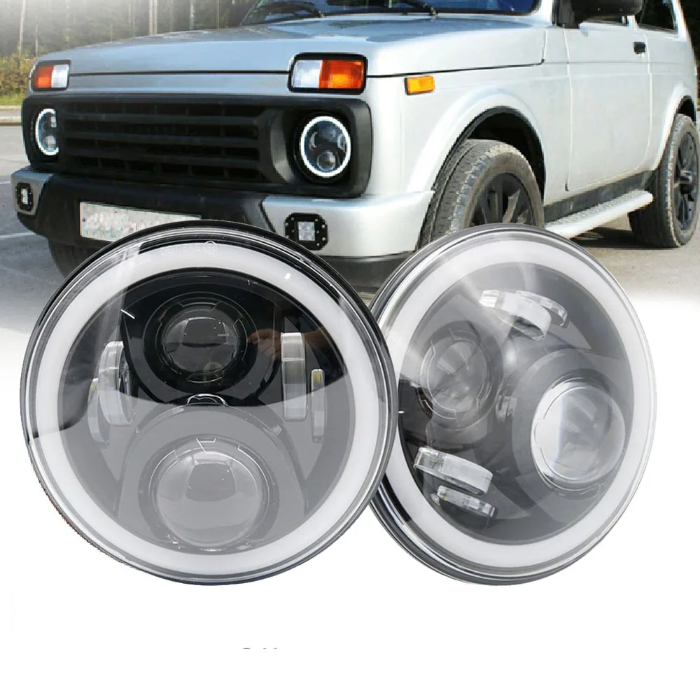 2xFor Lada Niva 4x4 7 дюймов светодиодные фары Hi/ближнего света подсветка Angel Eyes DRL фары для внедорожных Jeep Wrangler suzuki samurai