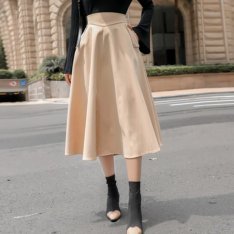 Большие качели Миди юбки женские демисезонные юбки с высокой талией плиссированные юбки корейские винтажные трапециевидные элегантные карманы офисные женские