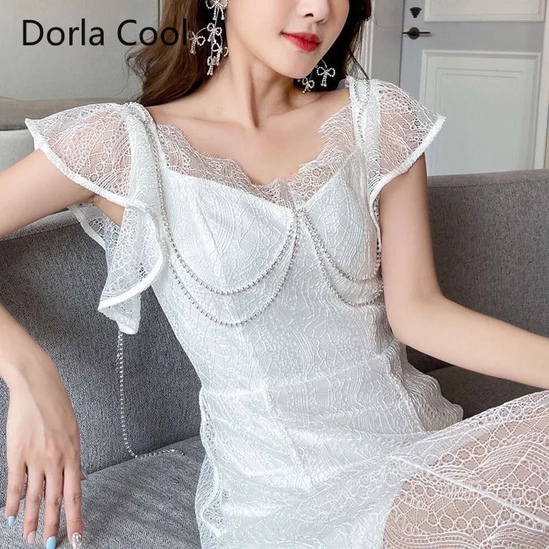 

High end Women Irregular Lace Dress Slim Luxury Diamonds Chain Tassel Sweet Lady's Perspective Party White Dresses Korean Style