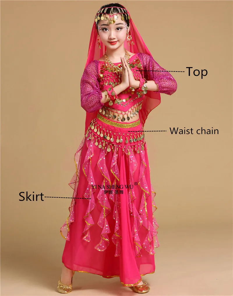 Rose 3pcs Детские костюмы для танца живота для девочек, Детский костюм для танца живота, Индийский Болливуд, комплект для восточных танцев, юбка для сцены ручной работы - Цвет: Rose 3pcs