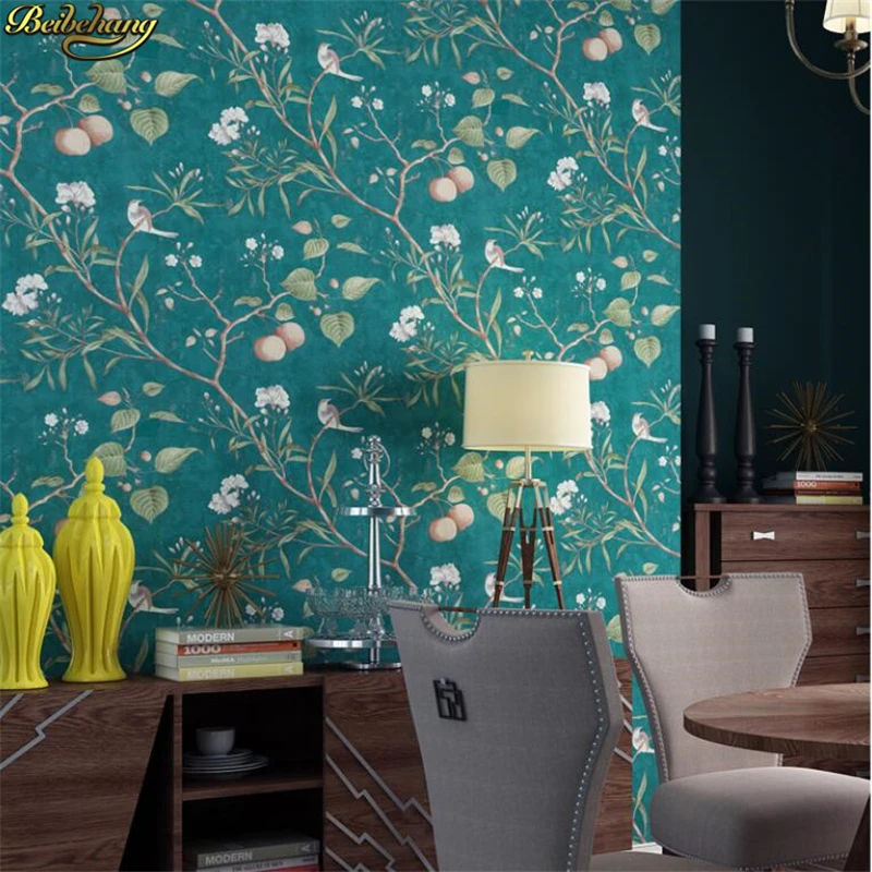 beibehang American retro pastoral apple tree flower and bird wallpaper self-adhesive stripes living room TV background wall business retro fashion trend leather mobile phone protective cover crazy horse leather card belt belt 6 1 inch apple leather cas