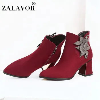 

ZALAVOR Ankle Boots Women Real Leather Crystal Flower Thick Heel Fashion Shoes Women Winter Warm Fur Female Footwear Size 33-43