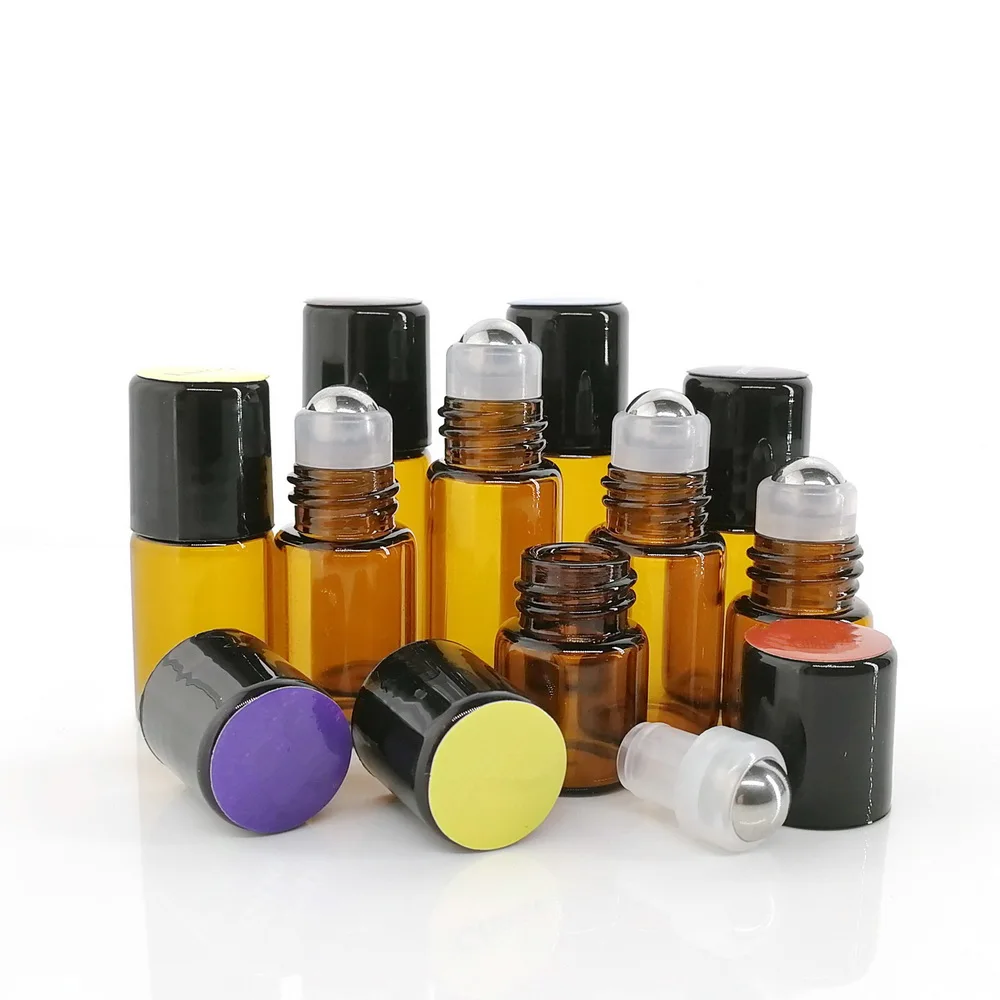 24pcs 1ml 2ml 3ml Amber Glass Roll On Bottles for Essential Oils doTERRA Empty Stainless Steel Roller Ball Bottle Lip Gloss