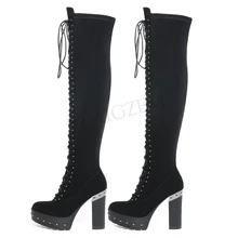 LAIGZEM/зимние женские ботфорты; кожаные замшевые высокие сапоги для верховой езды на массивном каблуке с боковой молнией; Botines Mujer; цвет бежевый; размеры 34-42