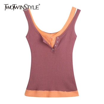 

TWOTWINSTYLE Knitting Women Tank Top V Neck Sleeveless Slim Hit Color Patchwork Vest For Female Clothing 2020 Spring Fashion New