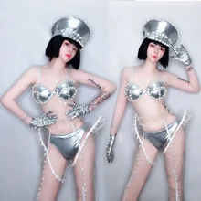 Эластичная лакированная кожа Ds Костюм Sexy Dj Ночной клуб Воротник Танцевальное платье Жемчужное бикини Сценическая одежда Джаз Танцевальные костюмы Сексуальный костюм