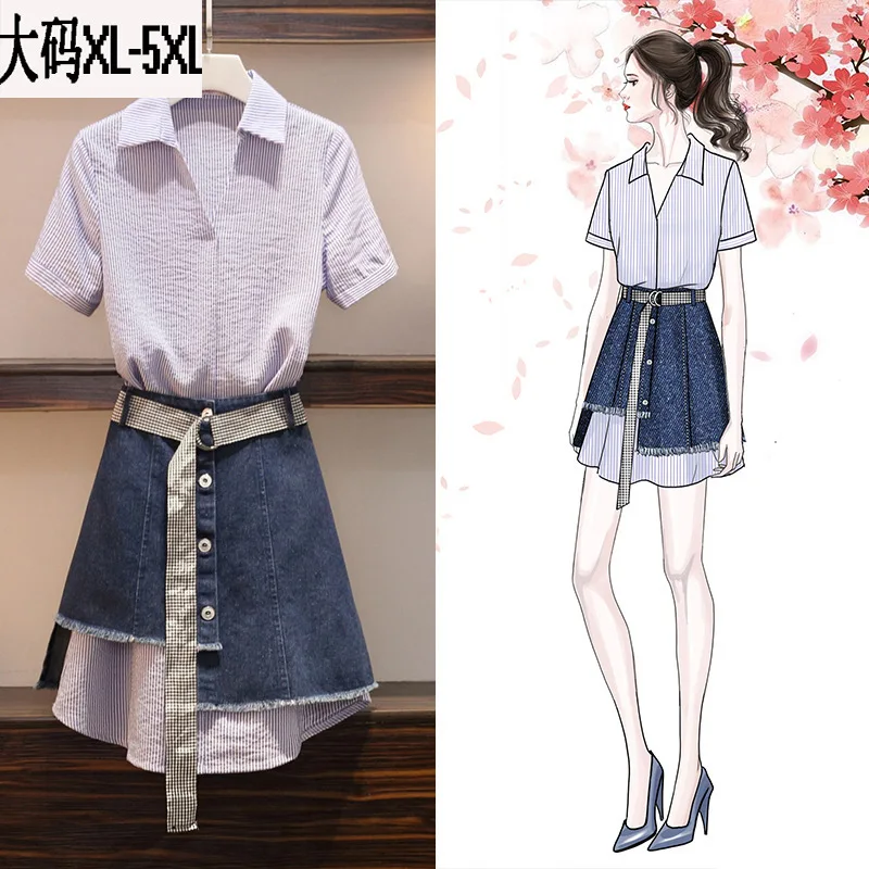 

Large Size Dress 2019 Summer Wear New Style V-neck Shirt Mid-length Fashion Flash Irregular Denim Skirt Two-Piece Set