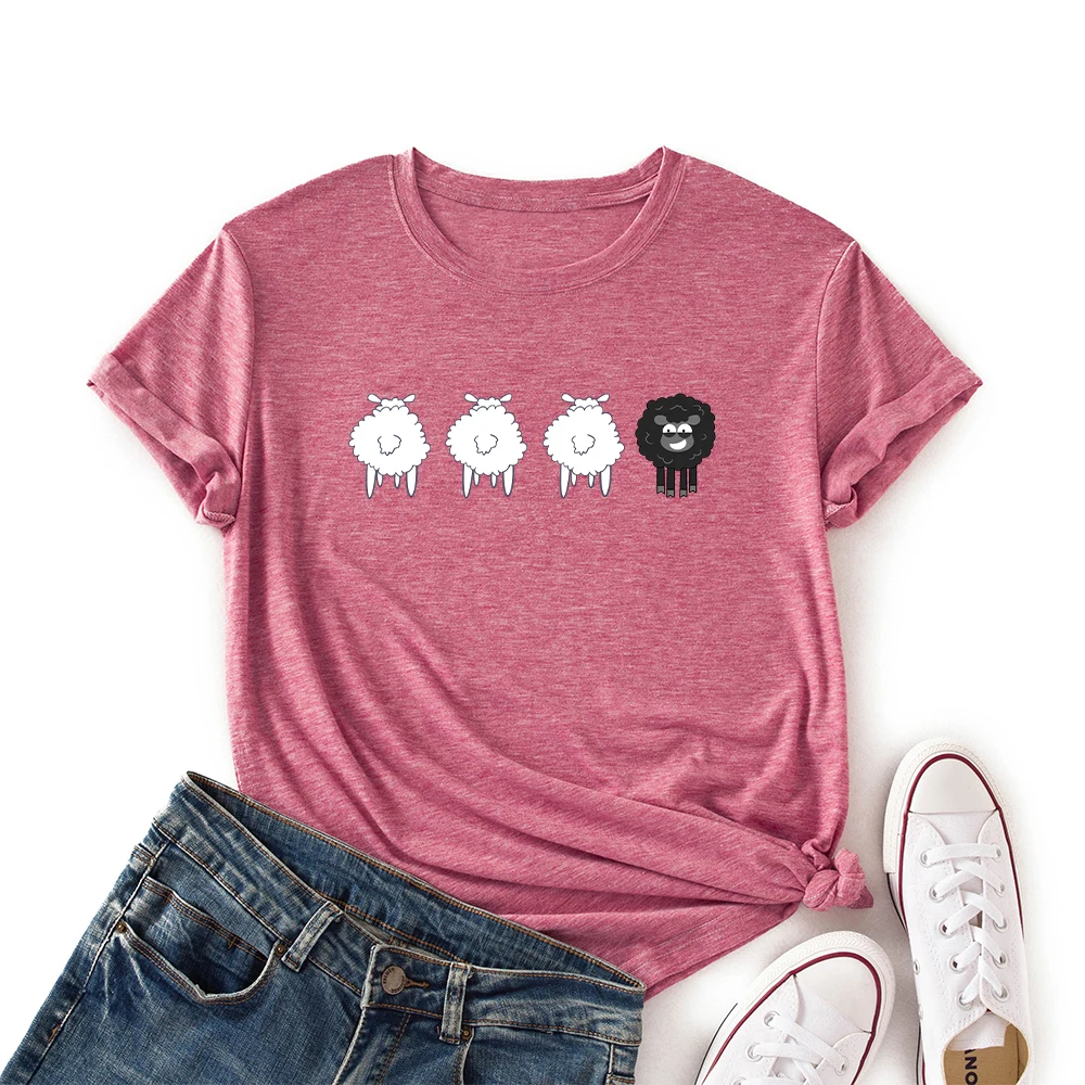 Woman Short Sleeve Colored Graphic Tees Summer T-Shirt Female Tops Shirts for Women Black White Sheep Animal Farm Top | Женская одежда