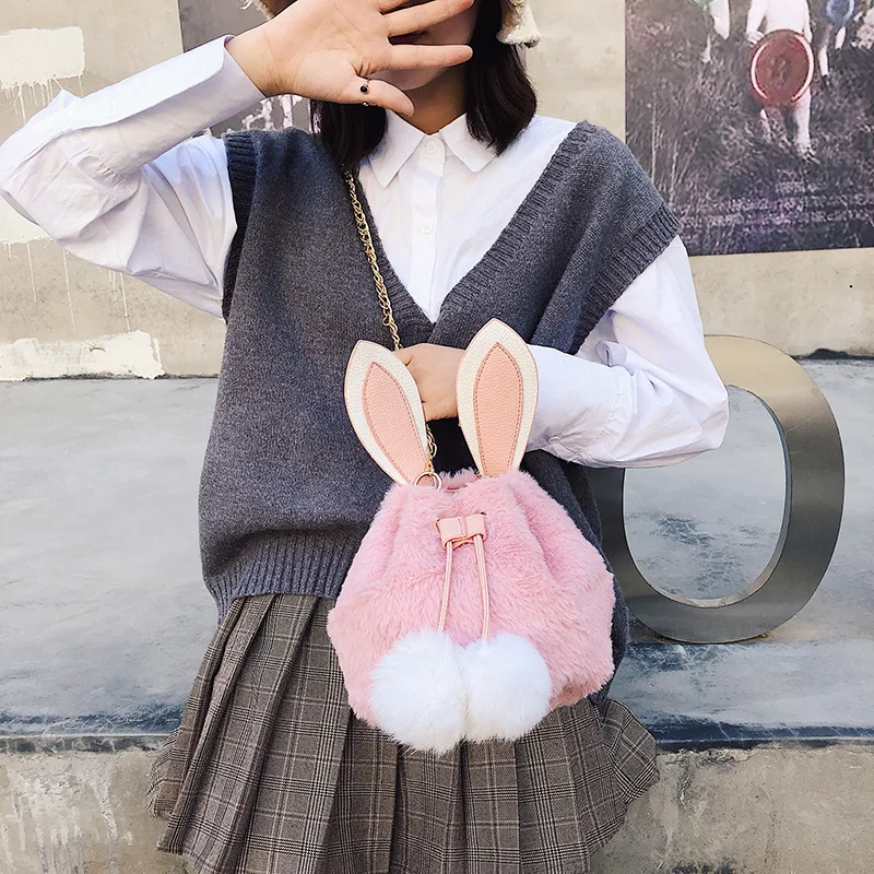 

Sweet Ladies' Rabbit Eared Furry Ball Pull-belt Bucket Bag MORI Series One-Shoulder Oblique WOMEN'S Bag