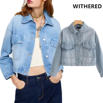 

Withered denim jacket women high street vintage pockets washed drop-shoulder cargo casaco feminino jaqueta feminina denim jacket