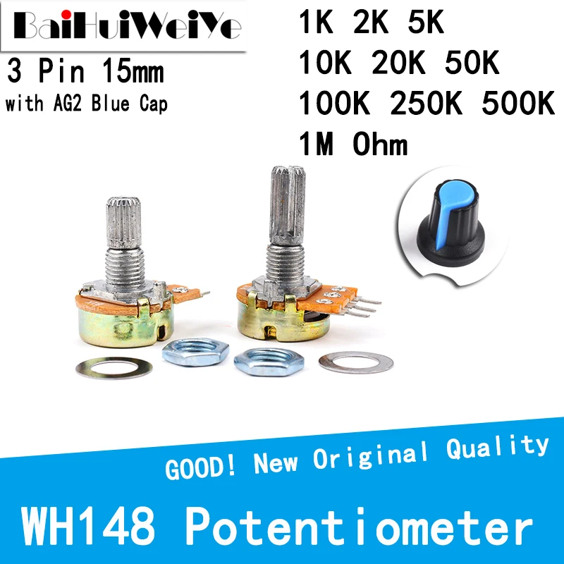 5Pcs WH148 1K 2K 5K 10K 20K 50K 100K 500K Ohm 15mm 3Pin Linear Taper Rotary Potentiometer Resistor for Arduino with AG2 BLUE Cap linear potentiometer rotary potentiometer potentiometer kit adjustable resistor potentiometer knobs