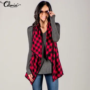 

Celmia Autumn Women Sleeveless Vests Winter Vintage Plaid Waistcoat Casual Loose Grid Coat Jackets Female Cardigan Outwear Mujer