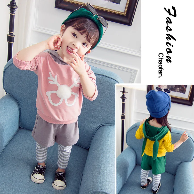 

Girl'S Suit 2019 Spring And Autumn New Style Korean-style Children Deer Furry Ball Two-Piece Set Baby Western Style Cool Fashion