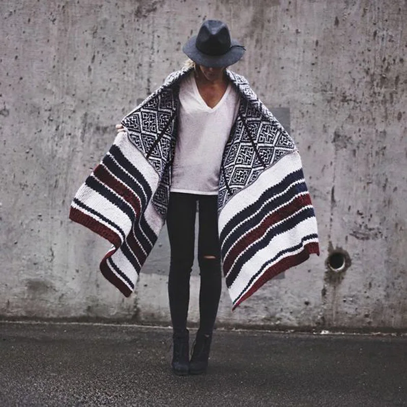 

Women Autumn Long Sleeve Sweater Streetwear Casual Long Cardigans Open Stitch Geometric Print Patchwork Knitted Outwear