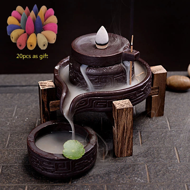 

Three-piece Suit Backflow Incense Burner Ceramic Incense Base with Wooden Frame & Pots Incense Cones Censer for Home Decor