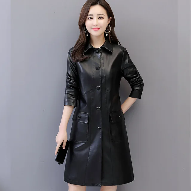 Black Plus Cotton Осенняя Женская куртка из искусственной кожи, зимняя Модная приталенная куртка размера плюс 5XL, длинное пальто из искусственной кожи, элегантная длинная верхняя одежда из хлопка - Цвет: Black Plus Cotton