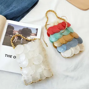 

[BXX] Women Designer Pearl Shell Sequins Chain Bag Hollow Evening Bags Clutch Female Travel Holiday Shoulder Bag Handbag HJ892