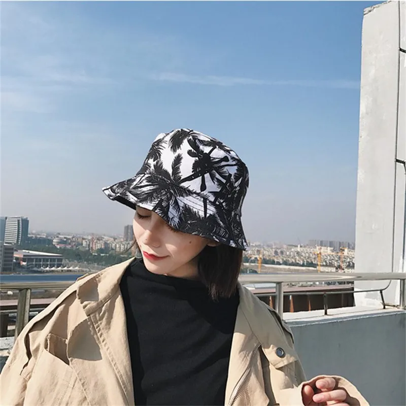 Fashion Coconut Tree Printed Hat White Black Bucket Hat Reversible Fisherman Caps Summer Sunscreen Hats For Men Women