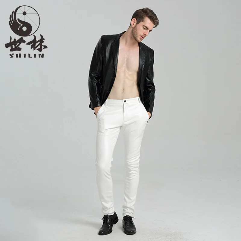 2020 New Spring Youth White Dance Slim Stretch Leather Pants Men Plus Velvet PU Trousers Streetwear Ropa De Hombre Hip Hop | Мужская
